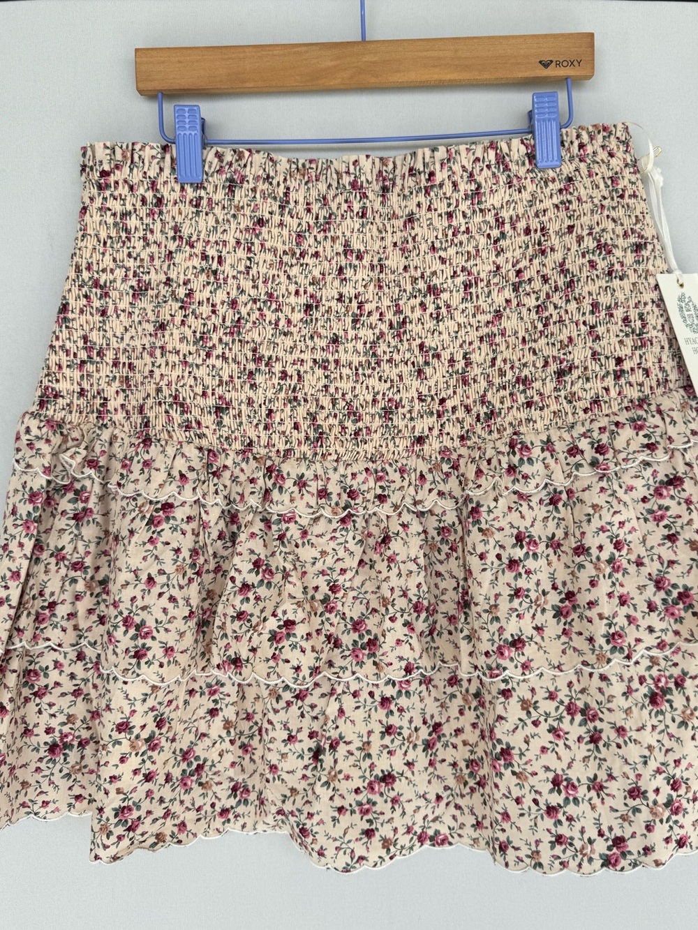 Hyacinth House By Tuckernuck Smocked Tiered Mini Skirt in Cream with Pink Floral